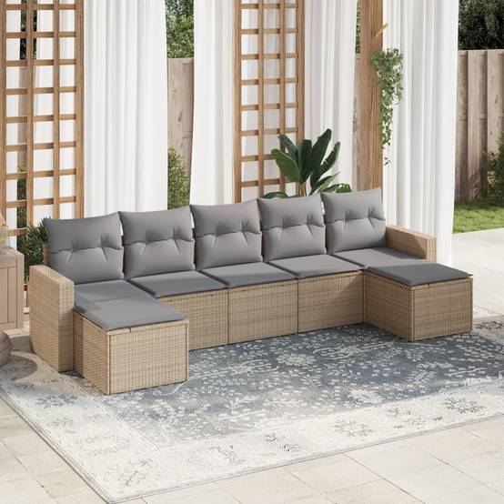 Canapé d'angle de jardin modulable 7 pièces résine tressée avec 2 tabourets pour balcon Beige Coussins Gris – ComfortXL Outdoor Living - Image 1