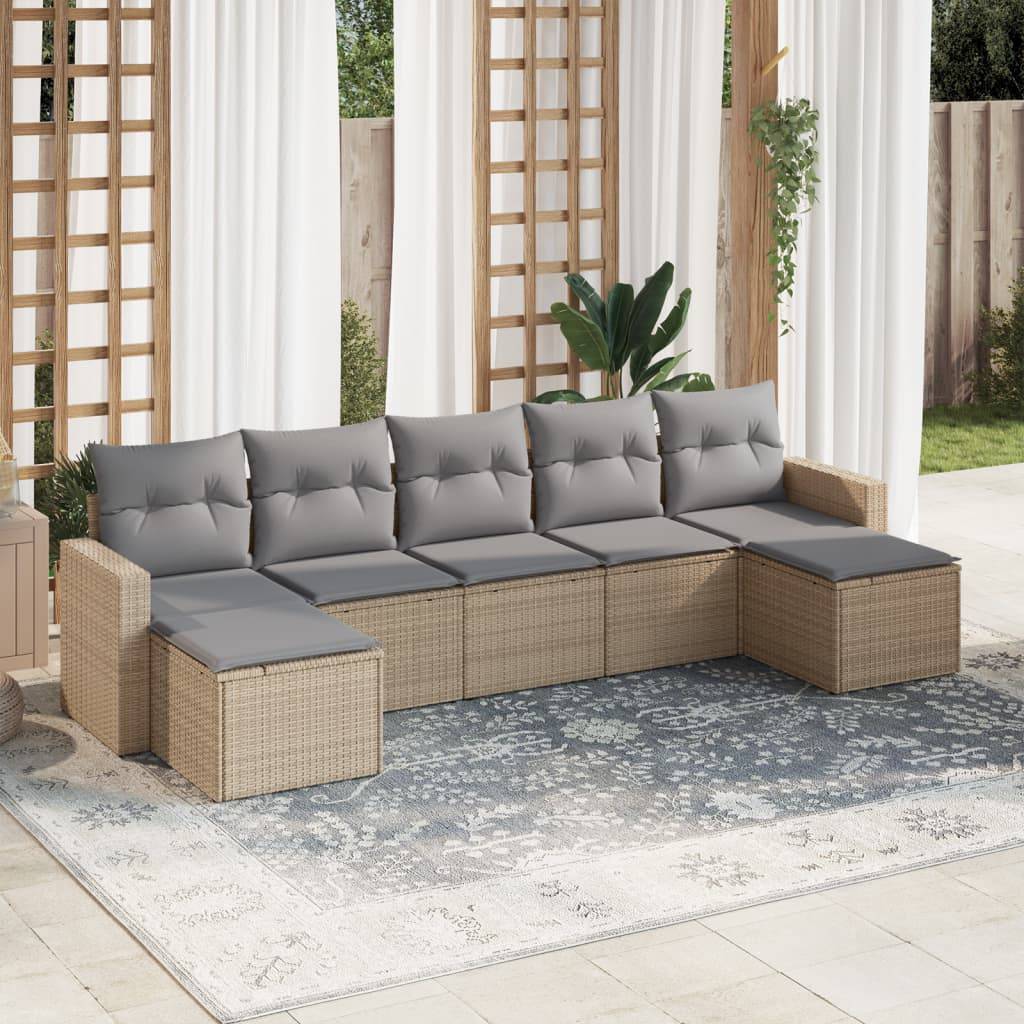 Canapé d'angle de jardin modulable 7 pièces résine tressée avec 2 tabourets pour balcon Beige Coussins Gris – ComfortXL Outdoor Living - Image 1