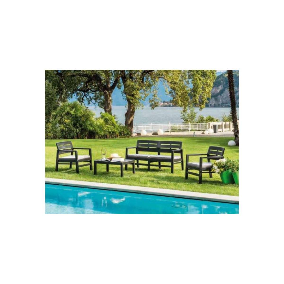 Salon de jardin 4 pièces Anthracite Canapé 2 places + 2 fauteuils + Table basse + 3 Coussins écru KZ GARDEN - Imagen 3