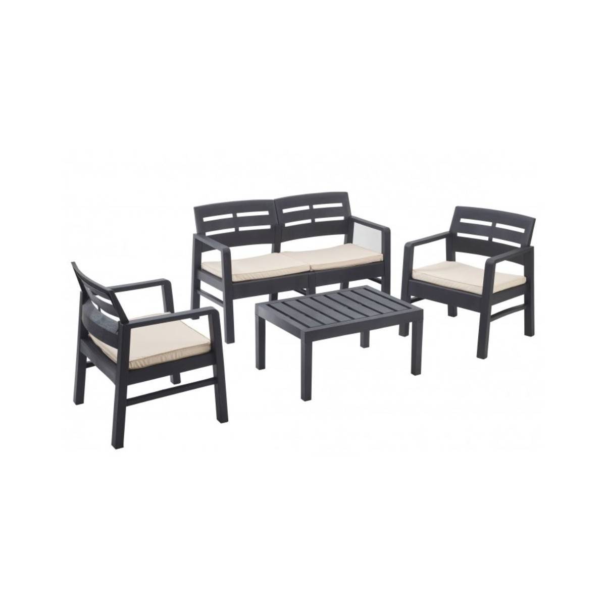Salon de jardin 4 pièces Anthracite Canapé 2 places + 2 fauteuils + Table basse + 3 Coussins écru KZ GARDEN - Imagen 1