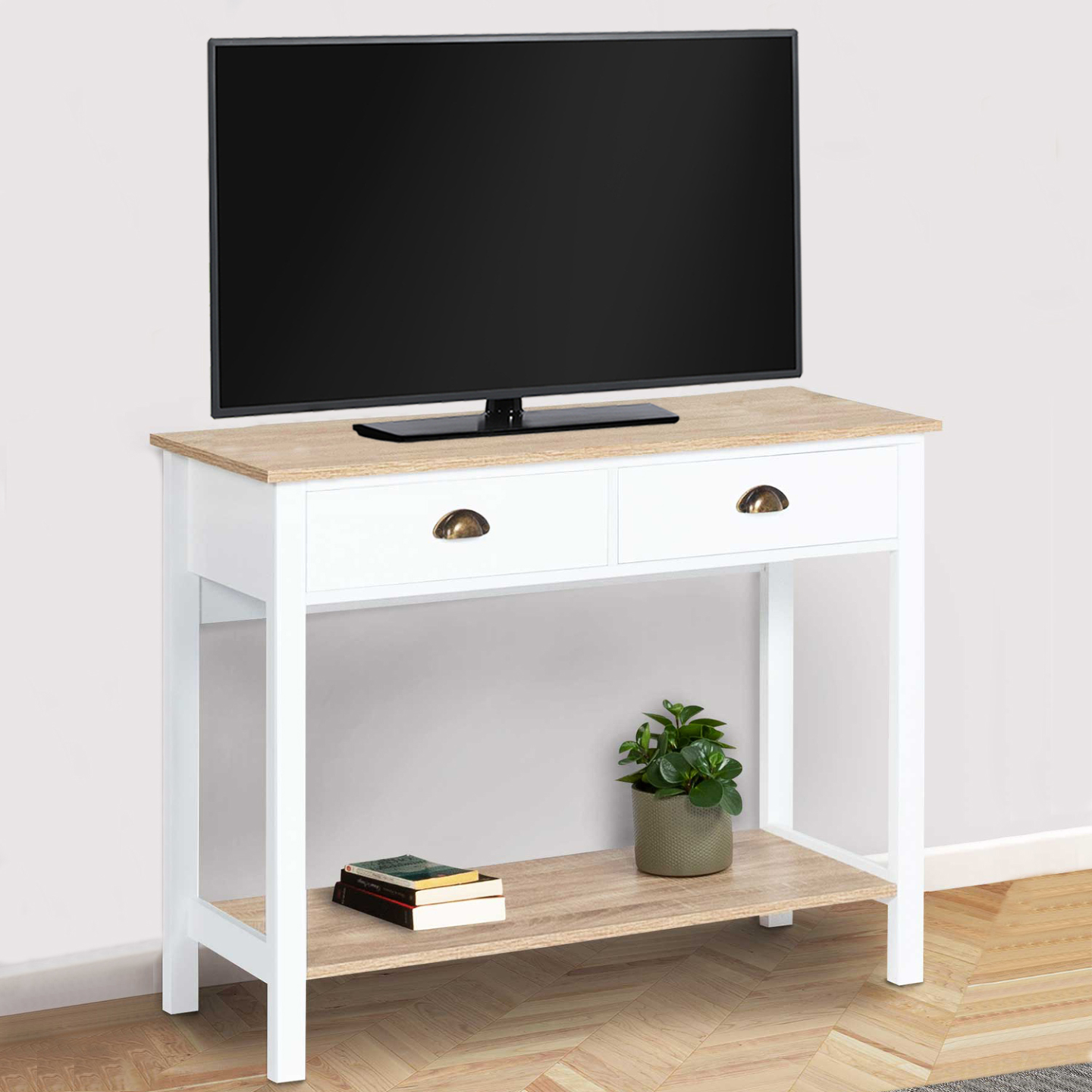 Console 2 tiroirs campagne ISIS 1 étagère bois et blanc - Image 3
