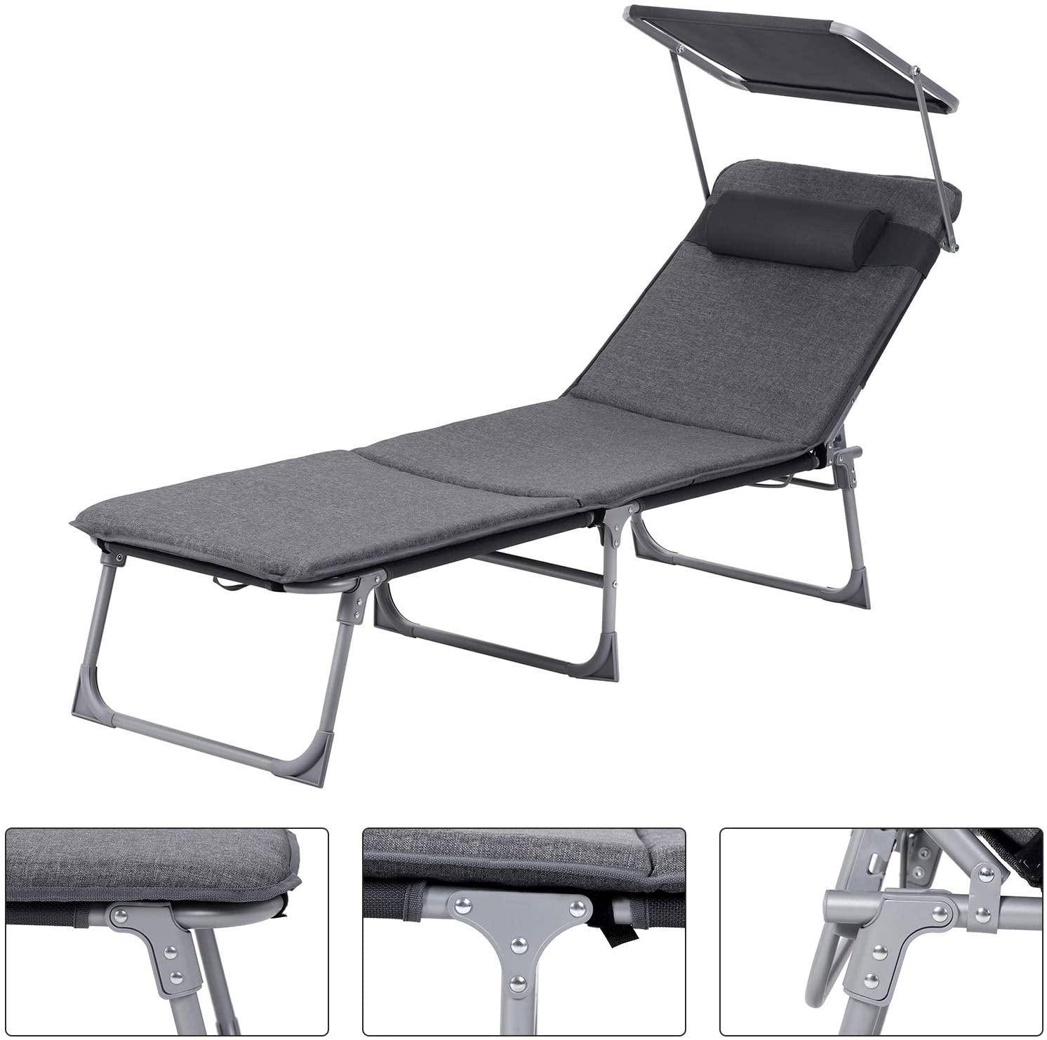 Chaise longue bain de soleil transat de relaxation avec matelas 3 cm coussin dossier et parasol inclinables pliable 53 x 193 x 29 5 cm charge 150 kg - Image 6