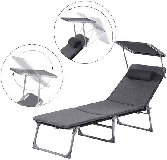 Chaise longue bain de soleil transat de relaxation avec matelas 3 cm coussin dossier et parasol inclinables pliable 53 x 193 x 29 5 cm charge 150 kg - Image 2