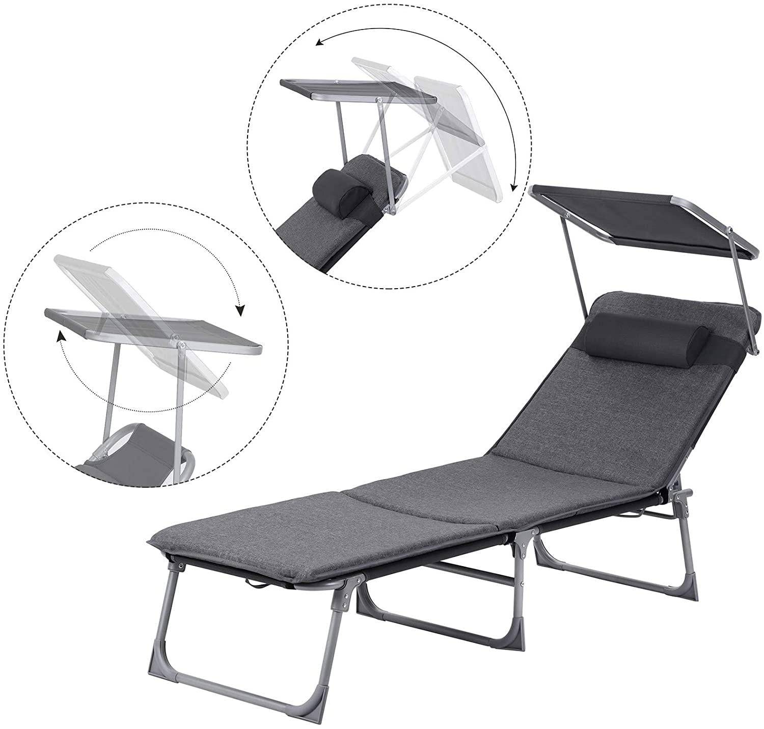 Chaise longue bain de soleil transat de relaxation avec matelas 3 cm coussin dossier et parasol inclinables pliable 53 x 193 x 29 5 cm charge 150 kg - Image 2