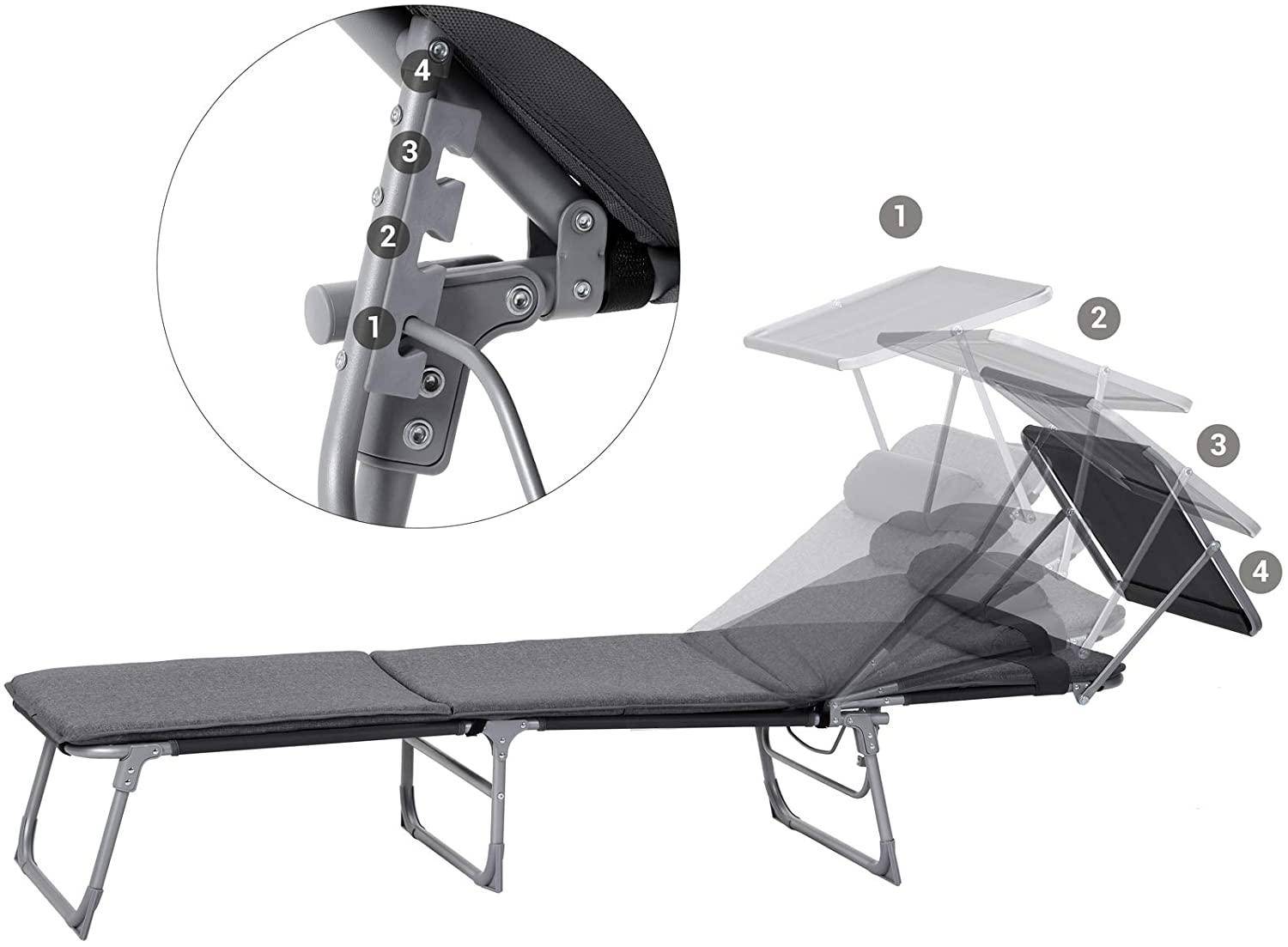 Chaise longue bain de soleil transat de relaxation avec matelas 3 cm coussin dossier et parasol inclinables pliable 53 x 193 x 29 5 cm charge 150 kg - Image 4