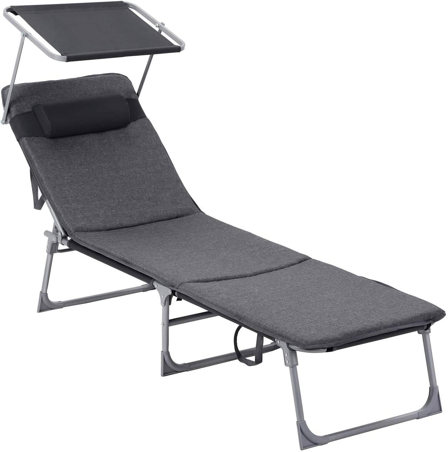Chaise longue bain de soleil transat de relaxation avec matelas 3 cm coussin dossier et parasol inclinables pliable 53 x 193 x 29 5 cm charge 150 kg - Image 1
