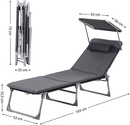Chaise longue bain de soleil transat de relaxation avec matelas 3 cm coussin dossier et parasol inclinables pliable 53 x 193 x 29 5 cm charge 150 kg - Image 3
