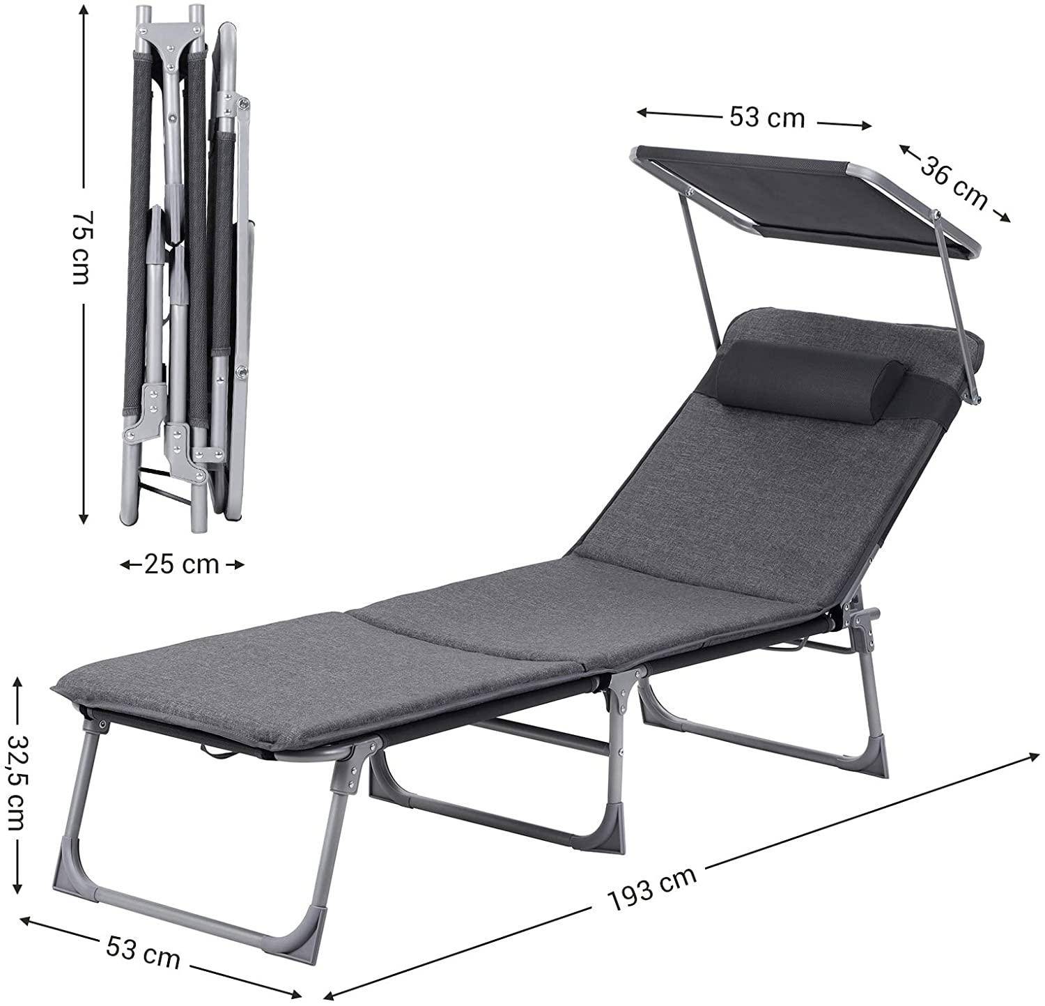 Chaise longue bain de soleil transat de relaxation avec matelas 3 cm coussin dossier et parasol inclinables pliable 53 x 193 x 29 5 cm charge 150 kg - Image 3