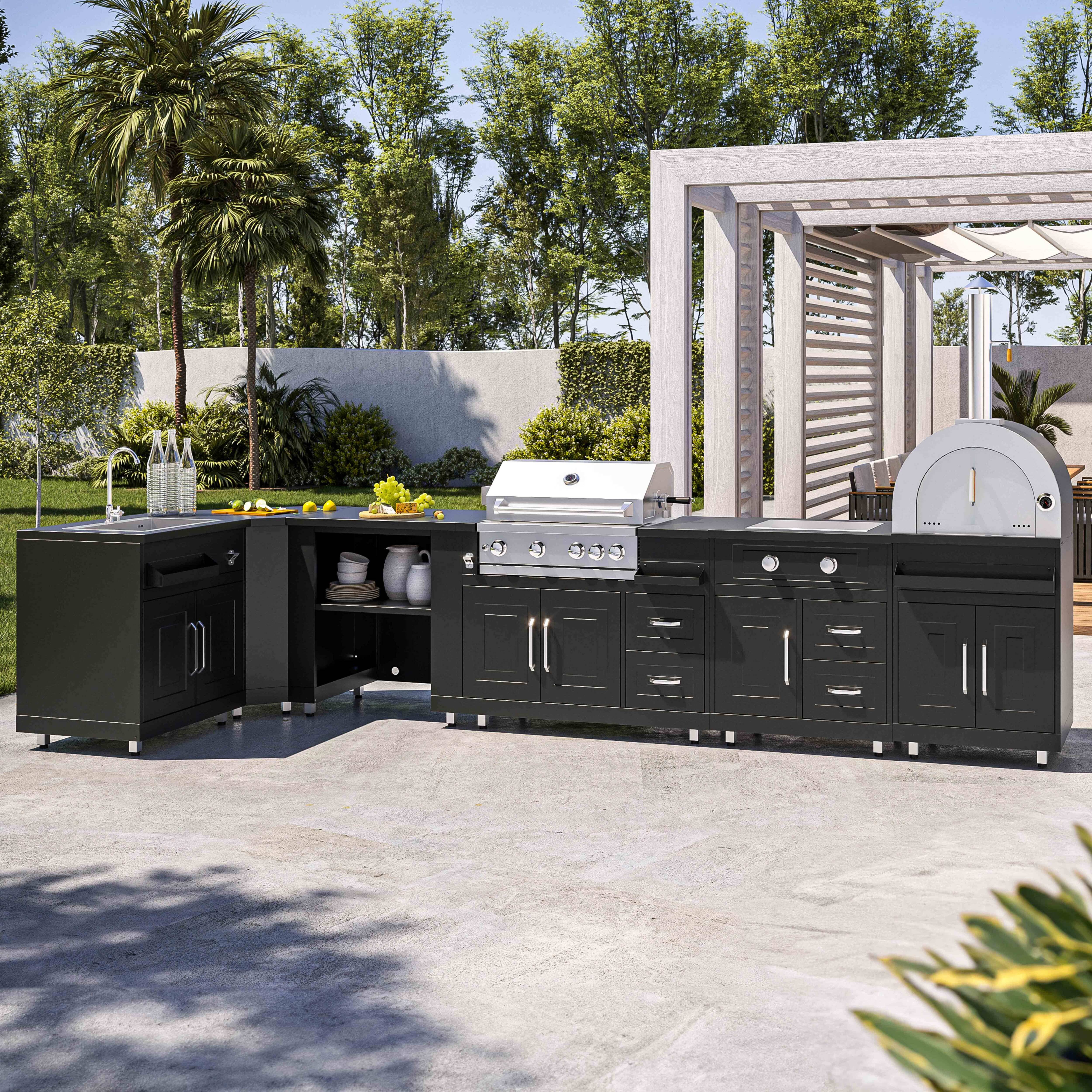Oviala - Cuisine d'extérieur angle 6 éléments dont 3 modules de cuisson/évier Memphis - Oviala - Image 1