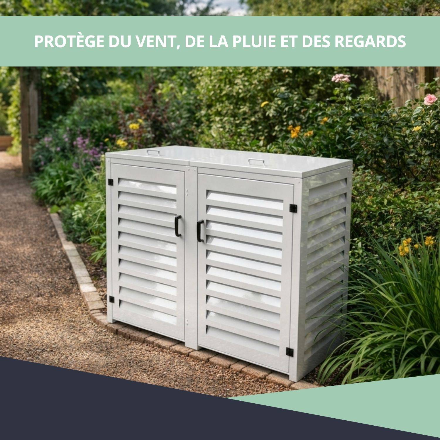 Cache Poubelle Extérieur Double en Aluminium thermolaqué - Abri pour 2 conteneurs 240 Litres – Blanc RAL 9010 - Image 4