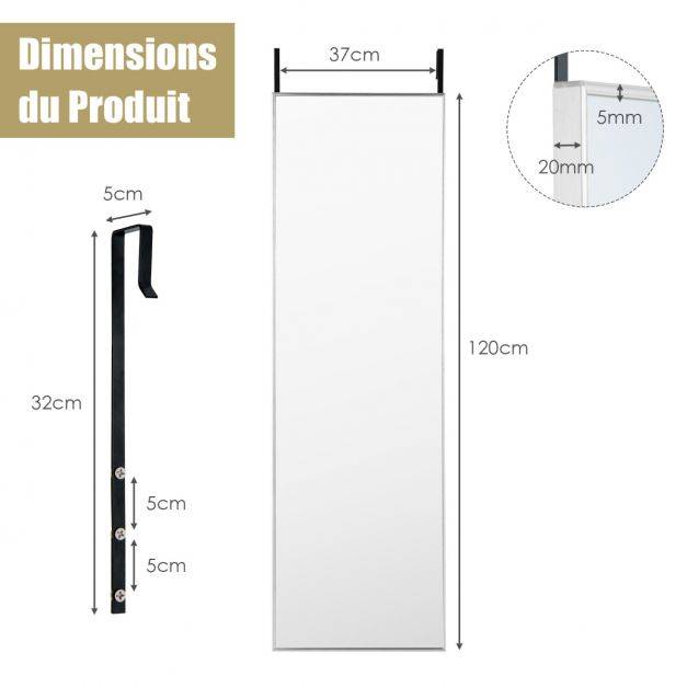 Helloshop26 - Miroir hd psyché mural miroir rectangulaire de grand format 120 x l37 cm cadre argent en alliage d'aluminium - Imagen 5