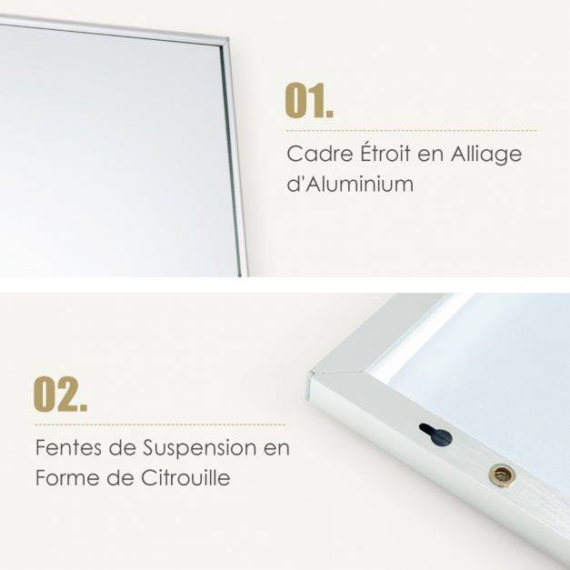 Helloshop26 - Miroir hd psyché mural miroir rectangulaire de grand format 120 x l37 cm cadre argent en alliage d'aluminium - Imagen 2