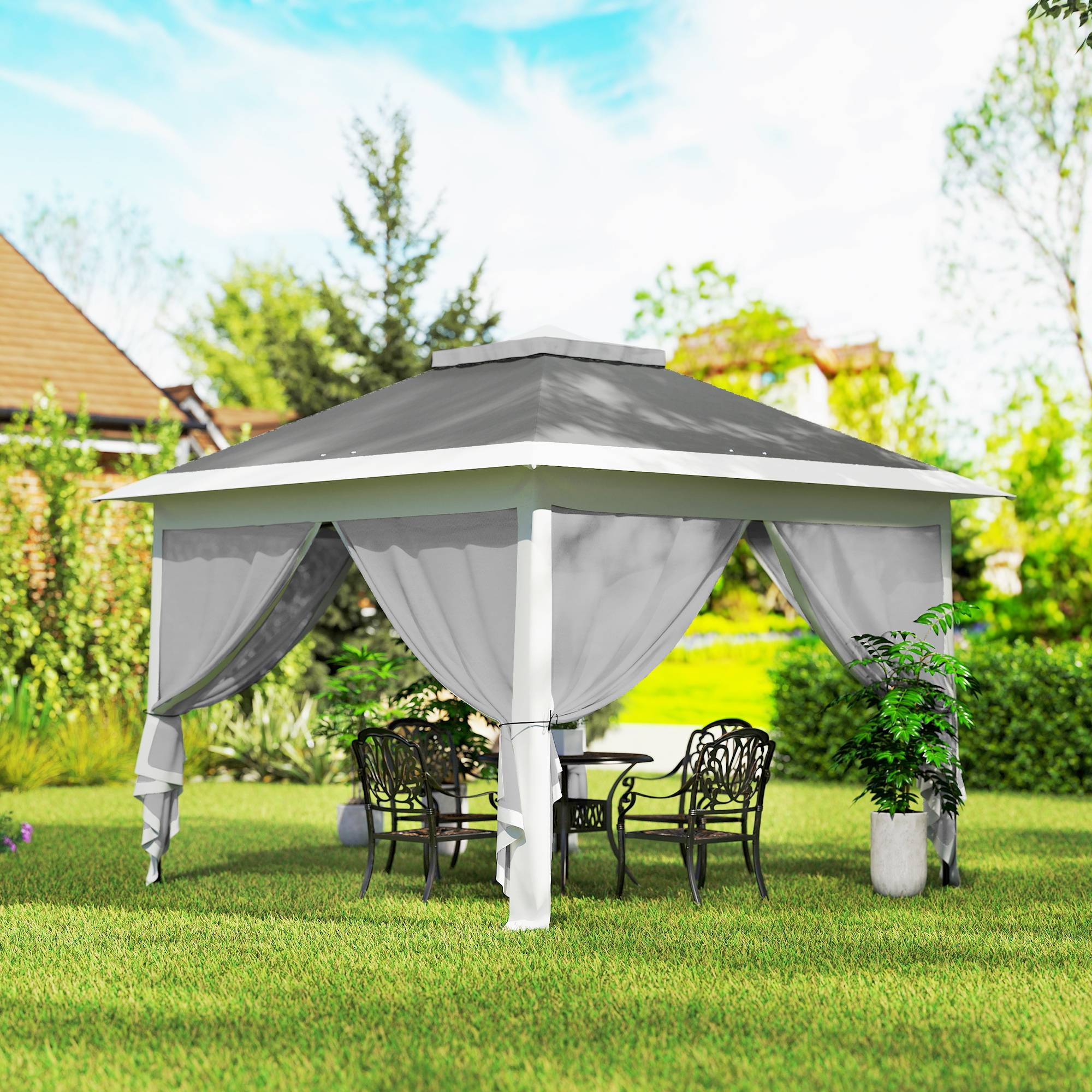 Sans Marque - Tente pliante pop-up 3,3 x 3,3 m, hauteur réglable, double toit, moustiquaires amovibles et sac de transport inclus, gris anti-UV - Image 4