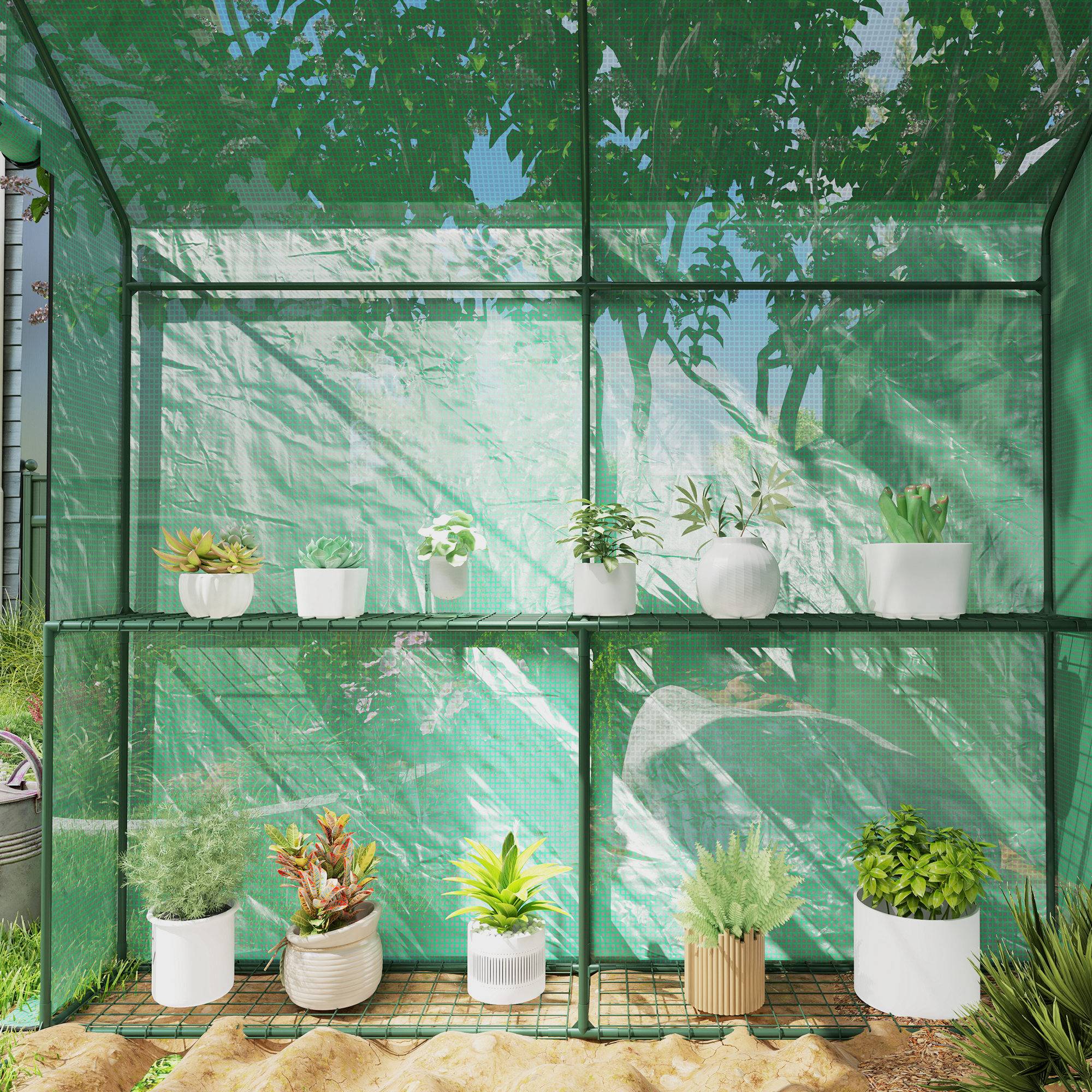 Outsunny - Serre de balcon avec étagère 2 niveaux bâche renforcée 140g/m² porte zippée enroulable pour fleurs 186x120x190cm châssis acier vert - Outsunny - Image 6