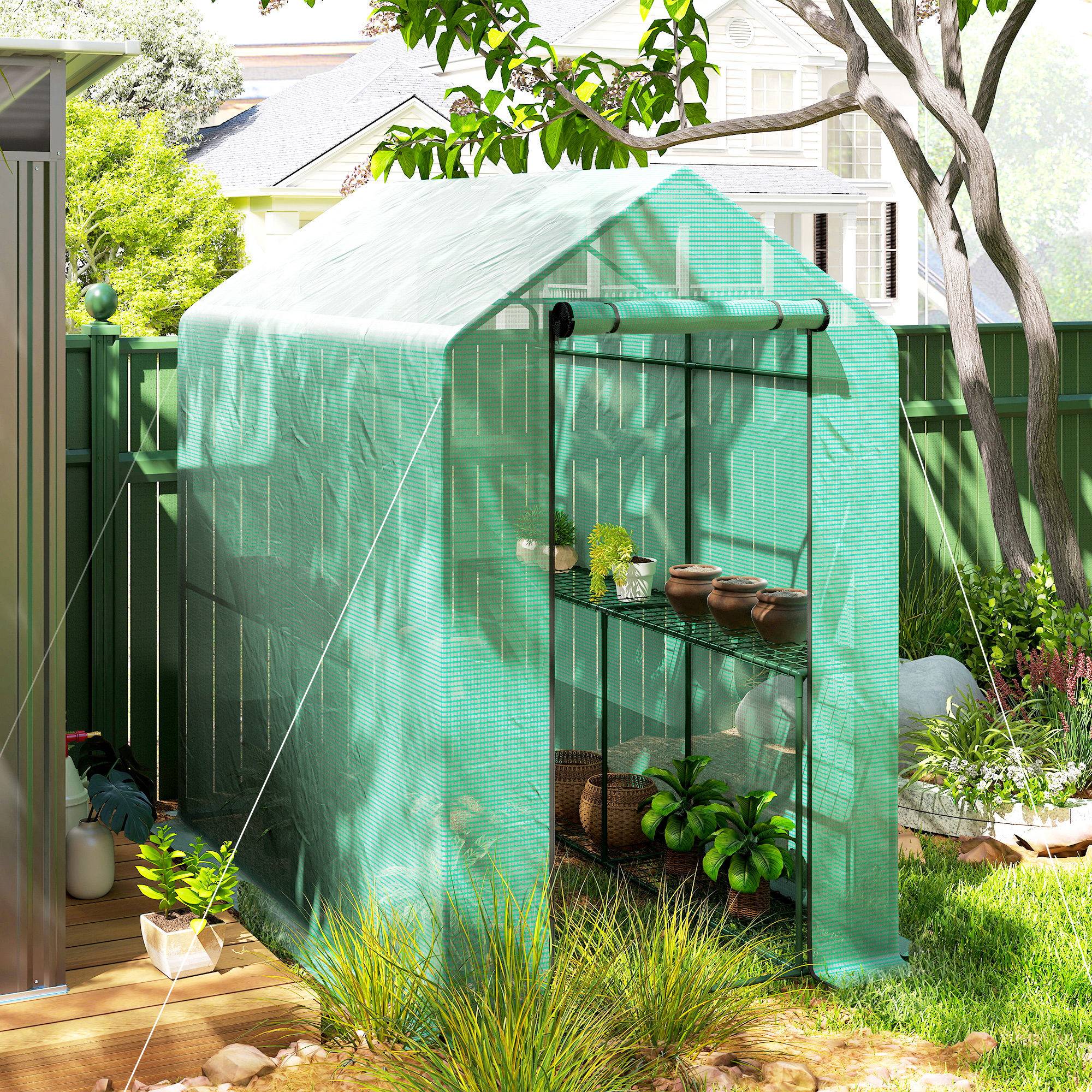 Outsunny - Serre de balcon avec étagère 2 niveaux bâche renforcée 140g/m² porte zippée enroulable pour fleurs 186x120x190cm châssis acier vert - Outsunny - Image 2