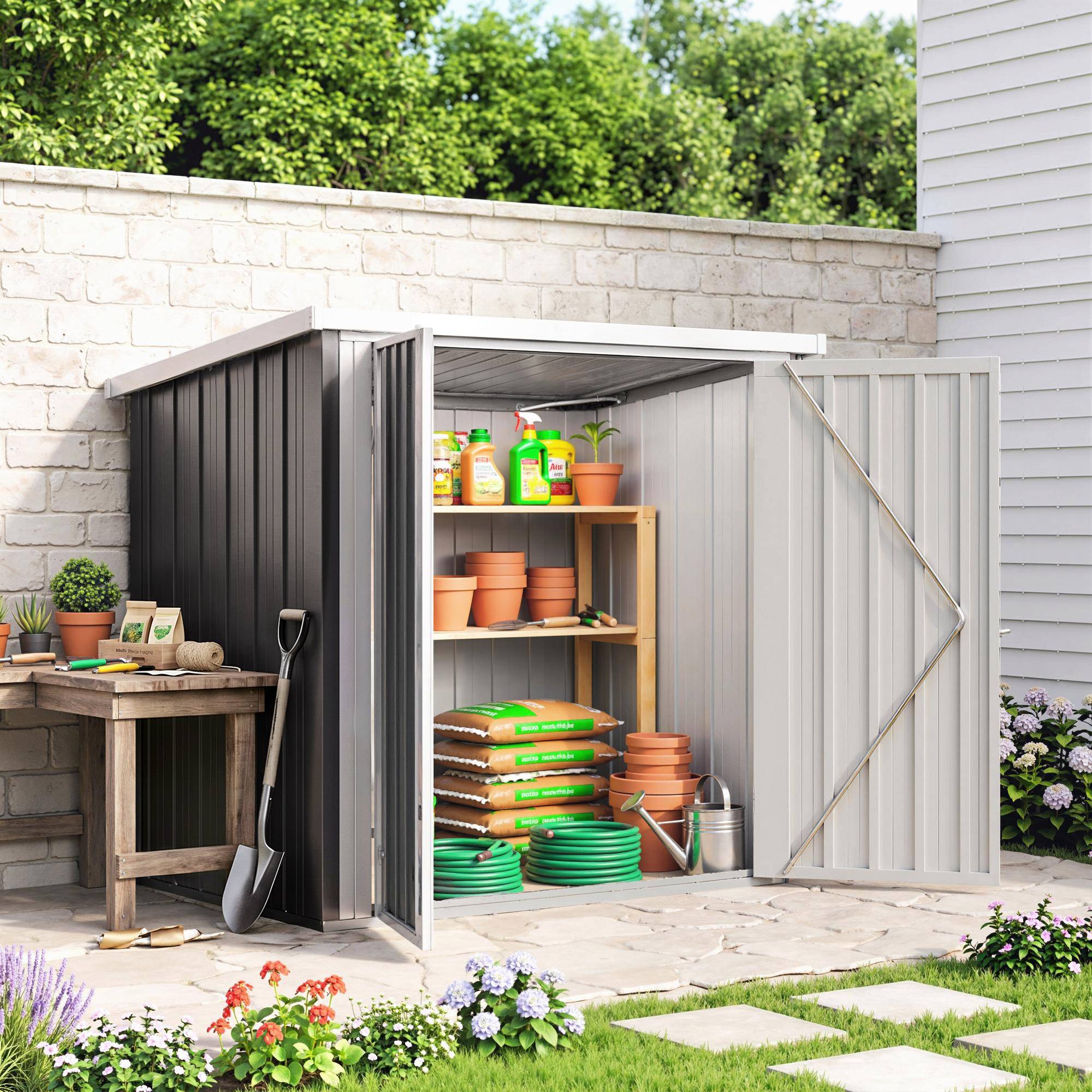 Remise extérieure 1,26 m² 147x86x134 cm 2 portes et serrure outils noir - Image 10