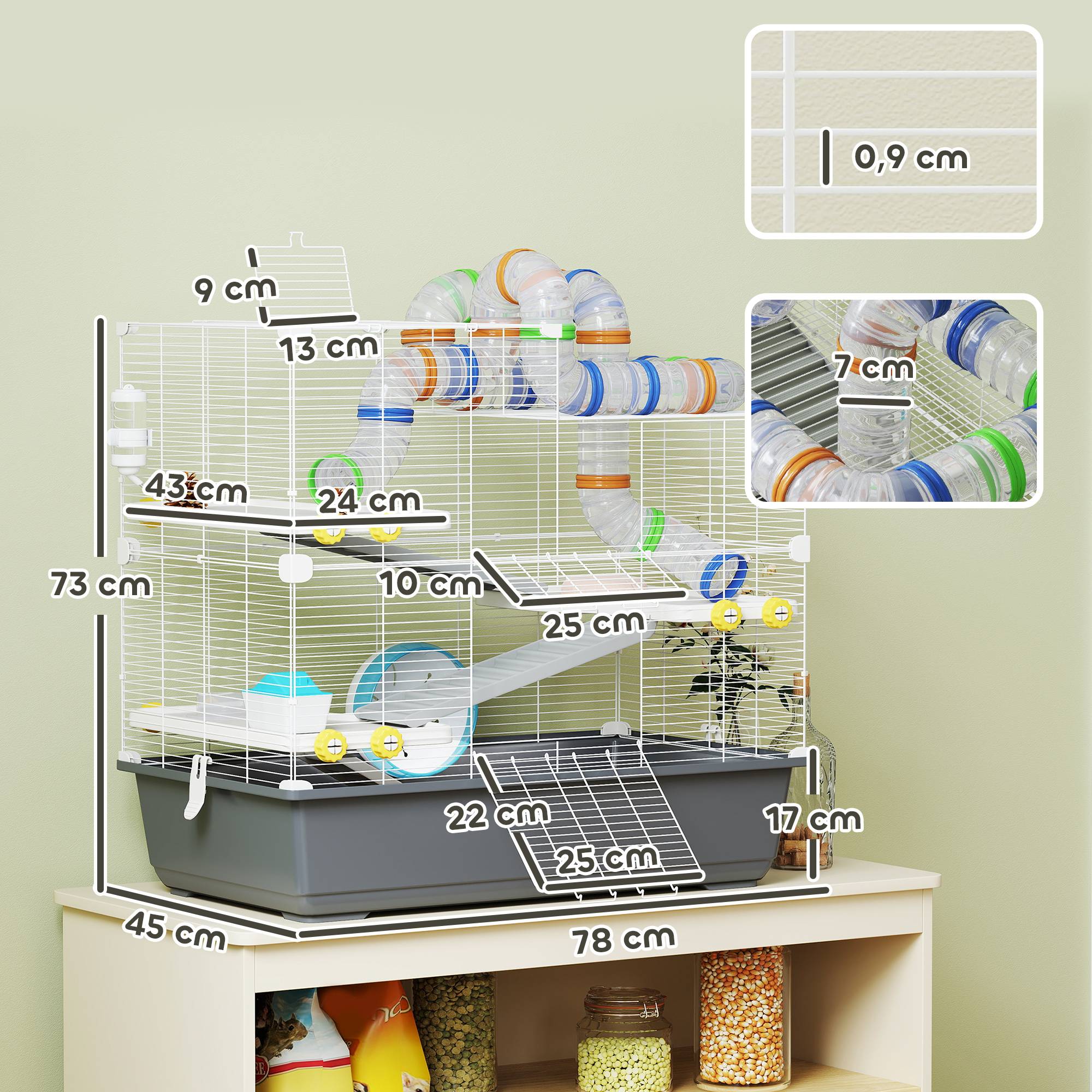 Cage pour hamsters nains 4 niveaux, tunnels, maison, accessoires, ouverture supérieure, 78x45x73 cm, gris - Image 5