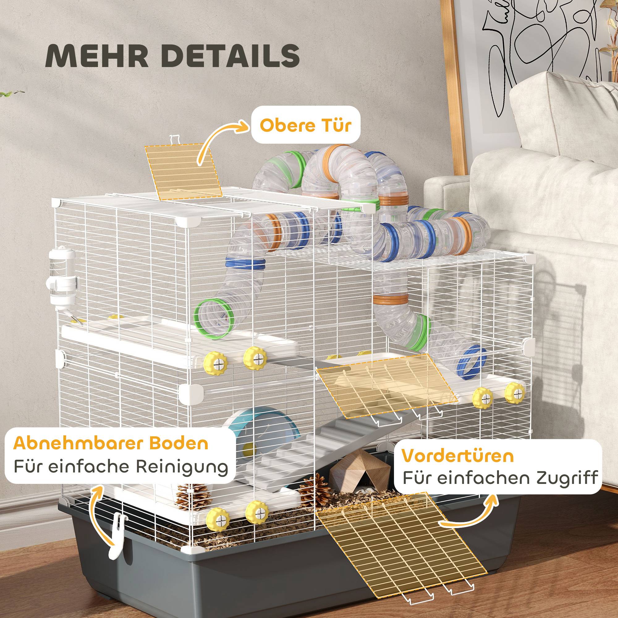 Cage pour hamsters nains 4 niveaux, tunnels, maison, accessoires, ouverture supérieure, 78x45x73 cm, gris - Image 10