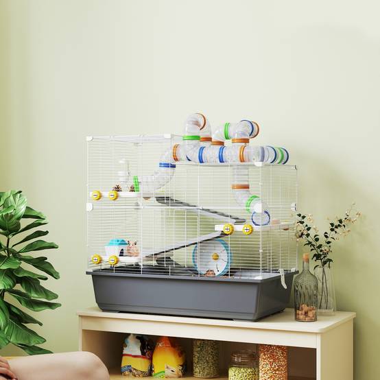 Cage pour hamsters nains 4 niveaux, tunnels, maison, accessoires, ouverture supérieure, 78x45x73 cm, gris - Image 4