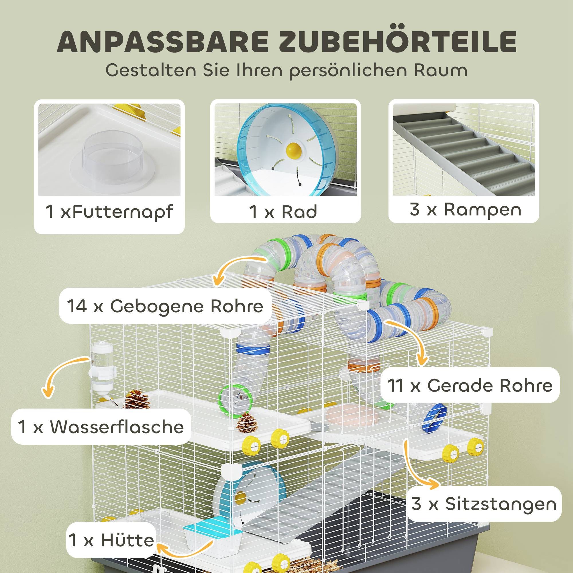 Cage pour hamsters nains 4 niveaux, tunnels, maison, accessoires, ouverture supérieure, 78x45x73 cm, gris - Image 8