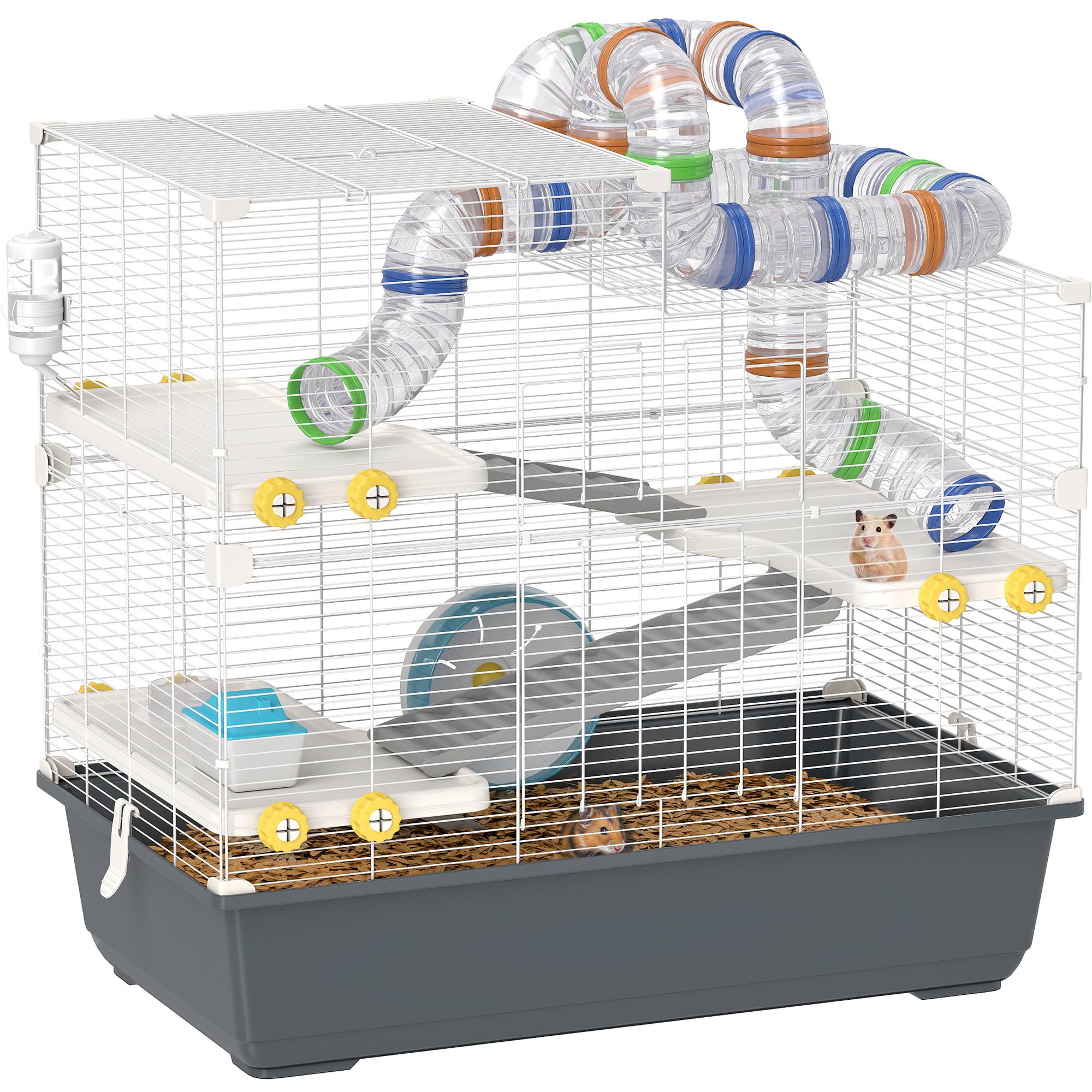 Cage pour hamsters nains 4 niveaux, tunnels, maison, accessoires, ouverture supérieure, 78x45x73 cm, gris - Image 1