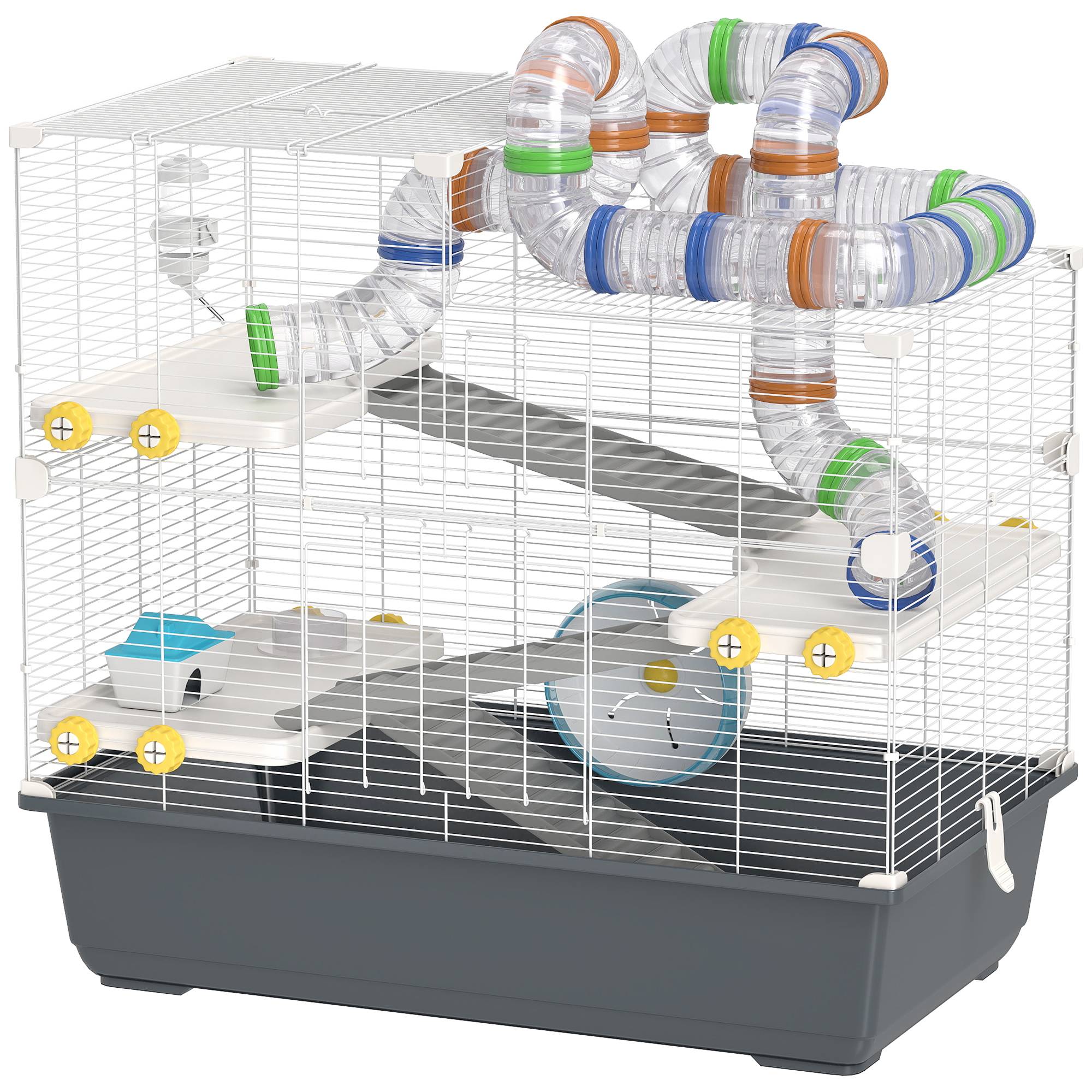 Cage pour hamsters nains 4 niveaux, tunnels, maison, accessoires, ouverture supérieure, 78x45x73 cm, gris - Image 2
