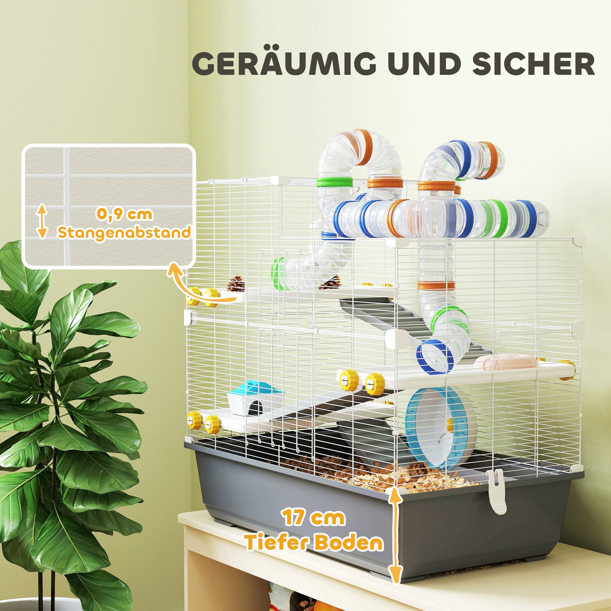 Cage pour hamsters nains 4 niveaux, tunnels, maison, accessoires, ouverture supérieure, 78x45x73 cm, gris - Image 9
