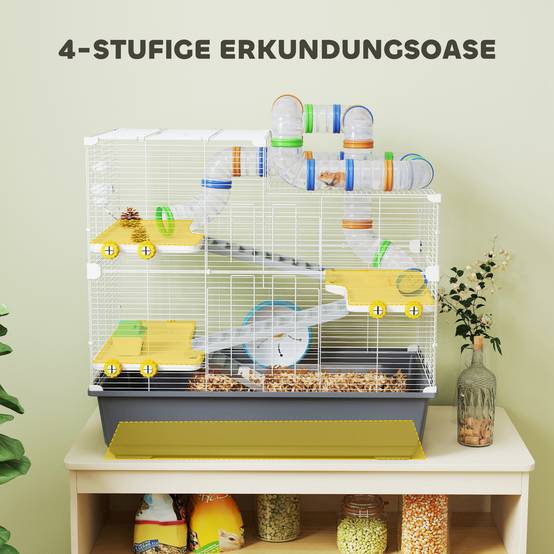 Cage pour hamsters nains 4 niveaux, tunnels, maison, accessoires, ouverture supérieure, 78x45x73 cm, gris - Image 6