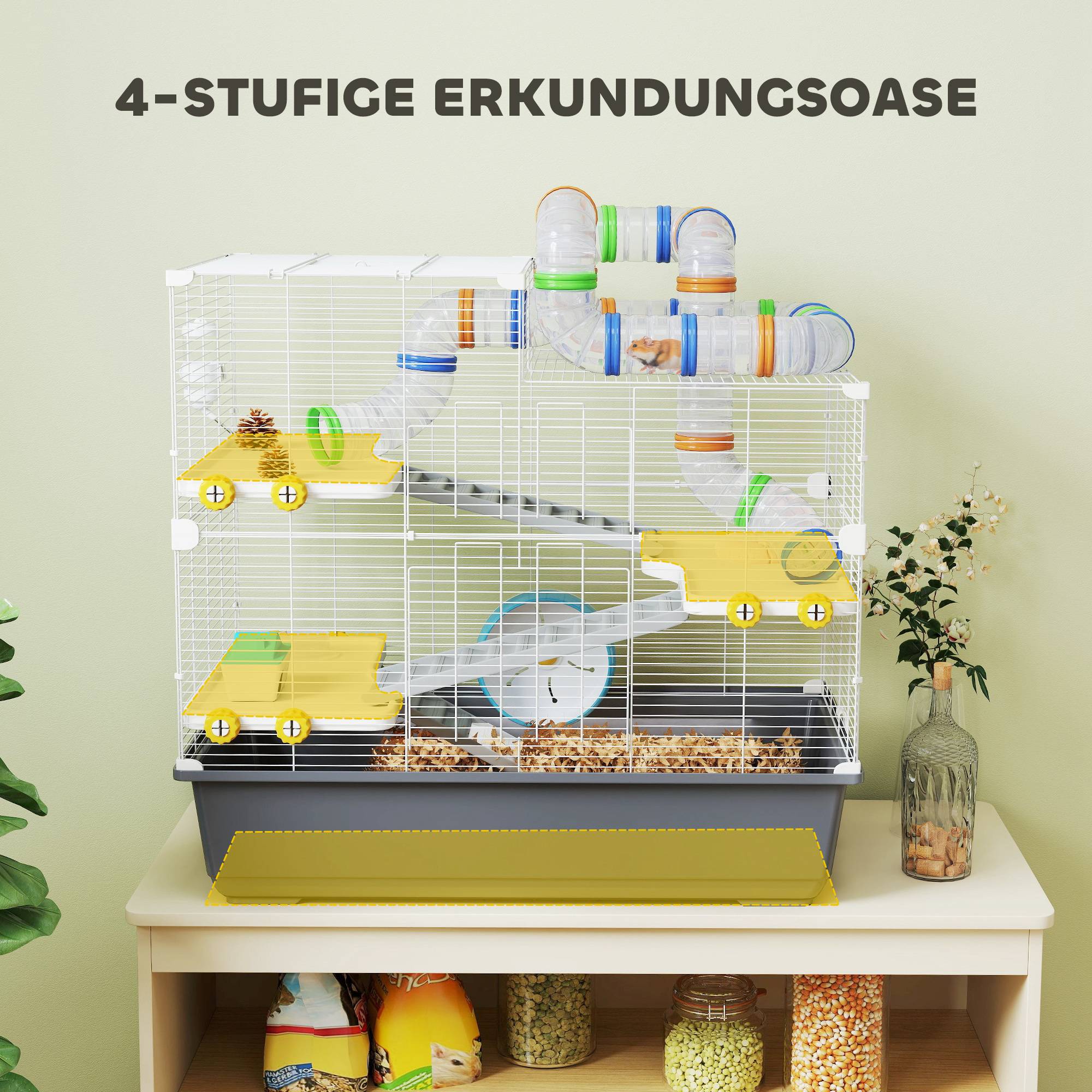 Cage pour hamsters nains 4 niveaux, tunnels, maison, accessoires, ouverture supérieure, 78x45x73 cm, gris - Image 6