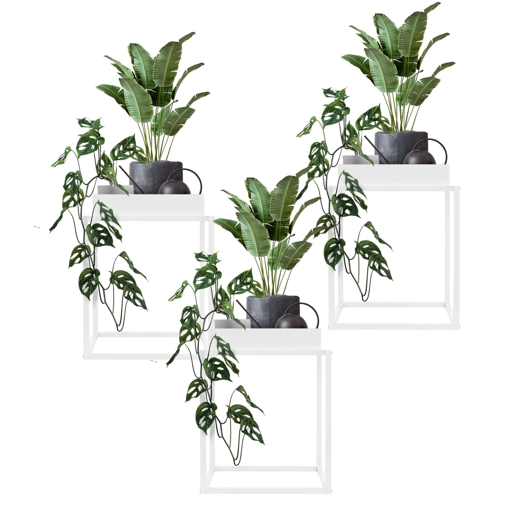 3x Supports de plantes/fleurs métal blanc porte-fleurs stable avec bac 35x46 cm - Image 1