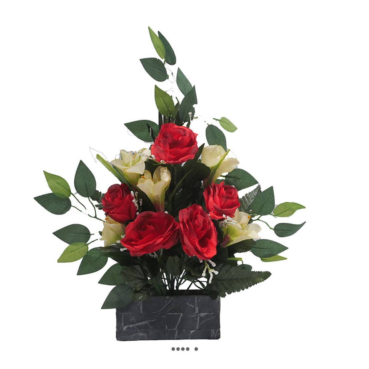 Artificielles - Jardinière fleurs artificielles cimetière roses, lys et ficus Rouge - couleur: Rouge - Imagen 2
