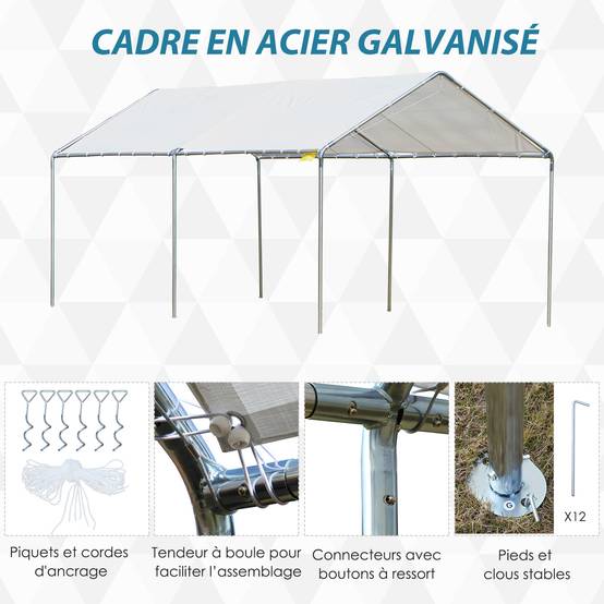 Carport auvent voiture acier galvanisé extérieur abri intempéries 6x3m blanc - ComfortXL Outdoor Living - Image 7