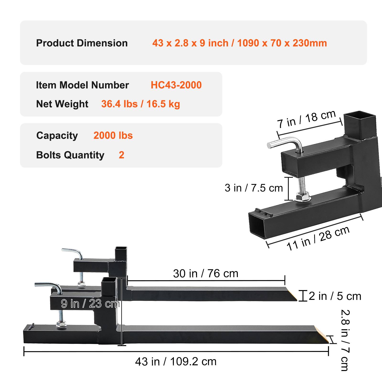 VEVOR Pinces fourches palette 1090x70x230 mm, charge 907 kg, lame 76 cm. Pour chargeur tracteur, godet. - Image 7