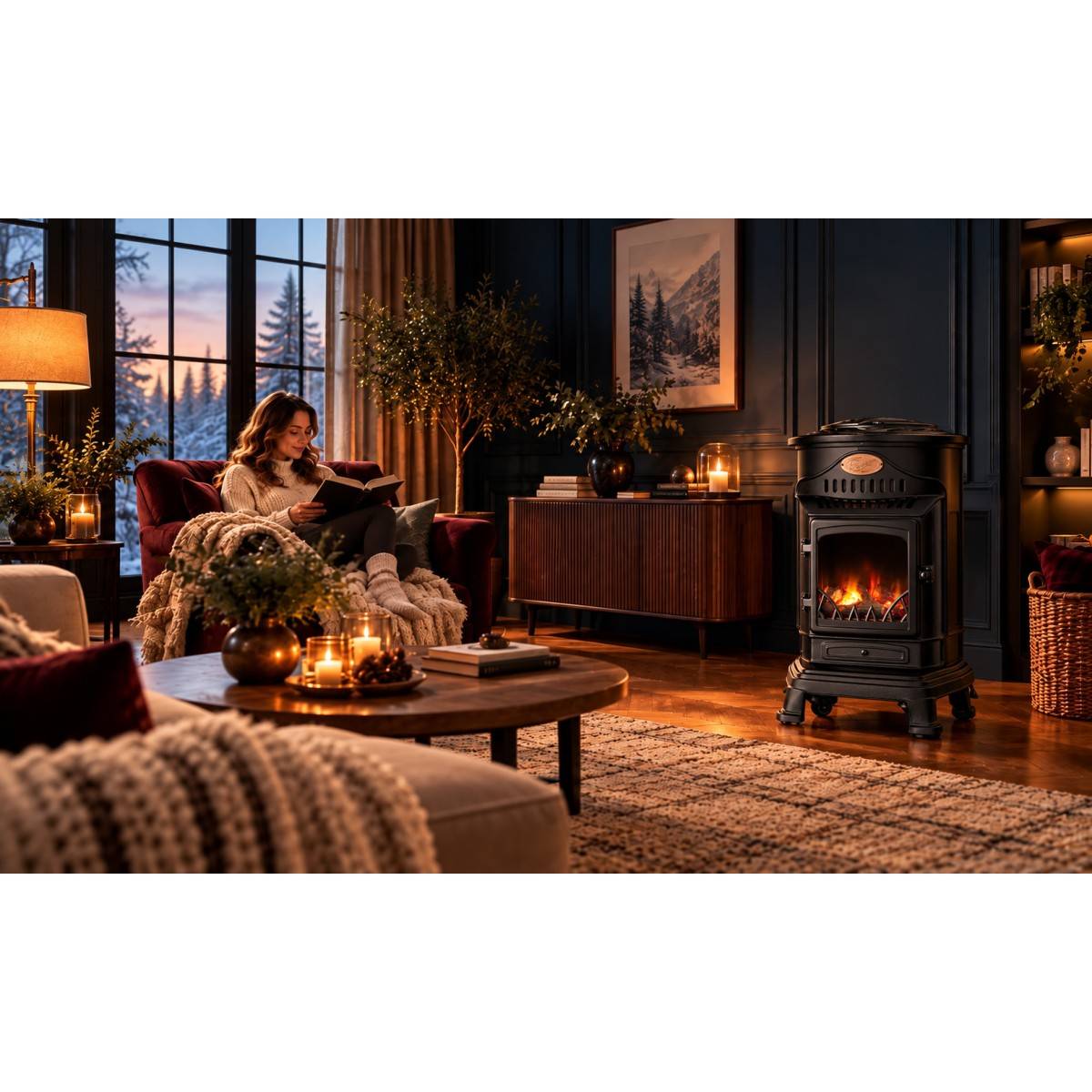 Universal - Poêle à gaz 3,4KW NOIR Fonte Véritable Effet feu de bois + Tuyau gaz + Détendeur butane Provence Sahara - Imagen 4
