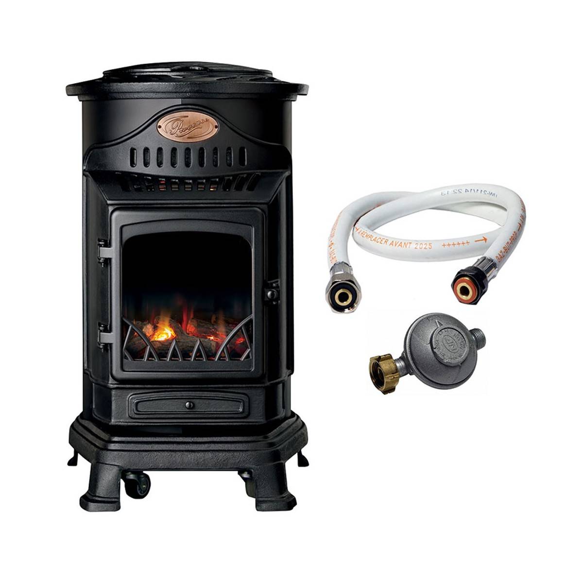 Universal - Poêle à gaz 3,4KW NOIR Fonte Véritable Effet feu de bois + Tuyau gaz + Détendeur butane Provence UNIVERSAL - Imagen 1