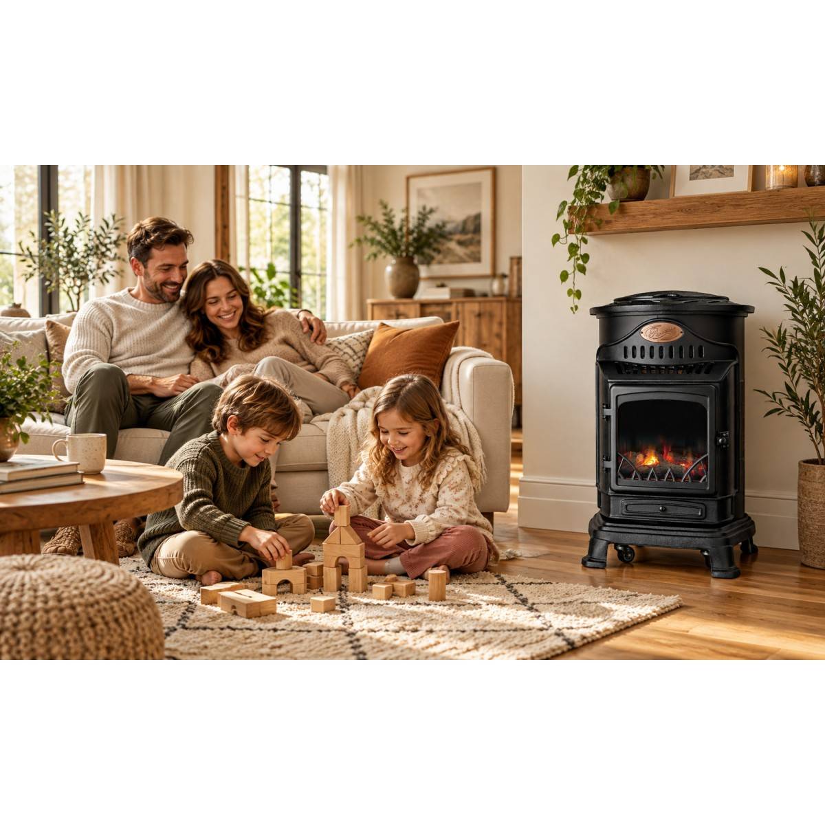 Universal - Poêle à gaz 3,4KW NOIR Fonte Véritable Effet feu de bois + Tuyau gaz + Détendeur butane Provence Sahara - Imagen 3