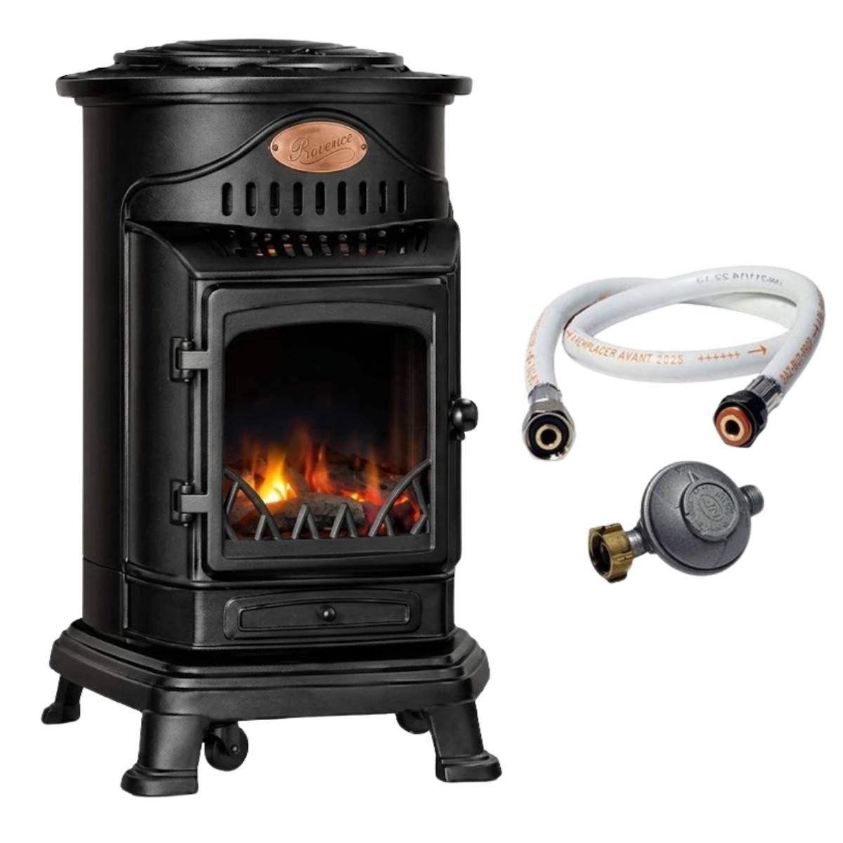 Universal - Poêle à gaz 3,4KW NOIR Fonte Véritable Effet feu de bois + Tuyau gaz + Détendeur butane Provence Sahara - Imagen 1