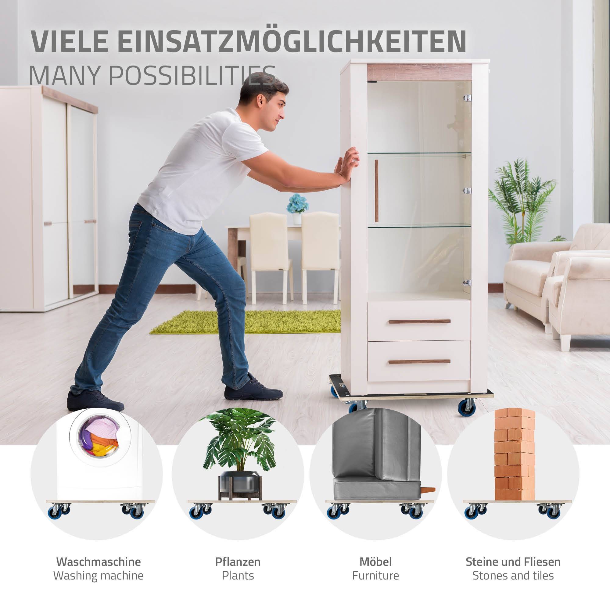 Ecd-Germany - Lot de 2 chariots de transport avec 2 freins 60x80 cm capacité 800 kg plateau contreplaqué antidérapant roulettes en PP pour meubles et déménagement - Imagen 4