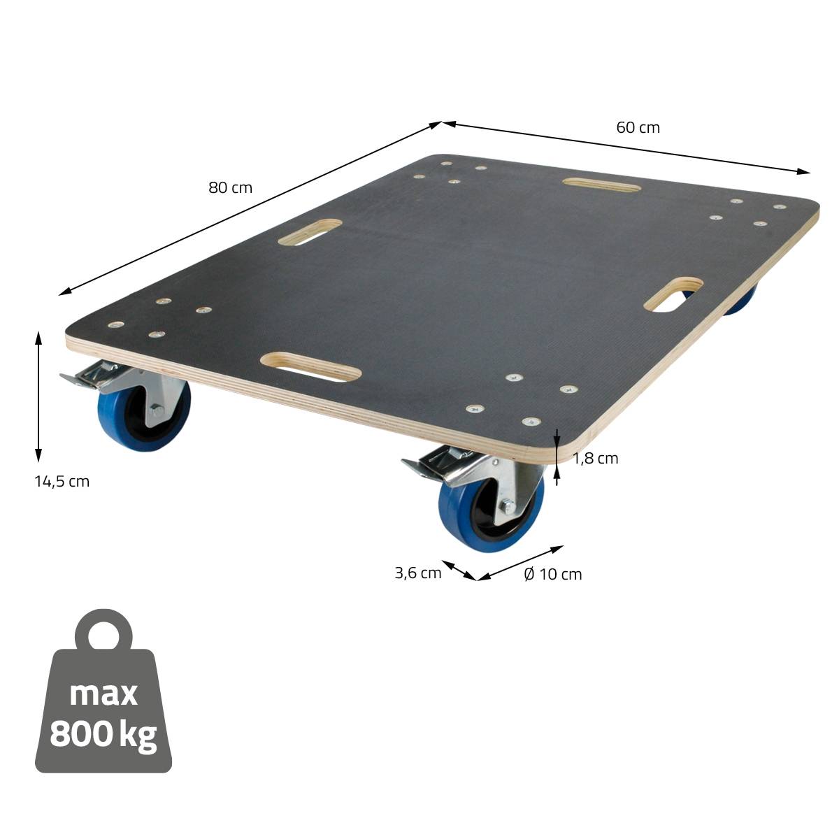 Ecd-Germany - Lot de 2 chariots de transport avec 2 freins 60x80 cm capacité 800 kg plateau contreplaqué antidérapant roulettes en PP pour meubles et déménagement - Imagen 7