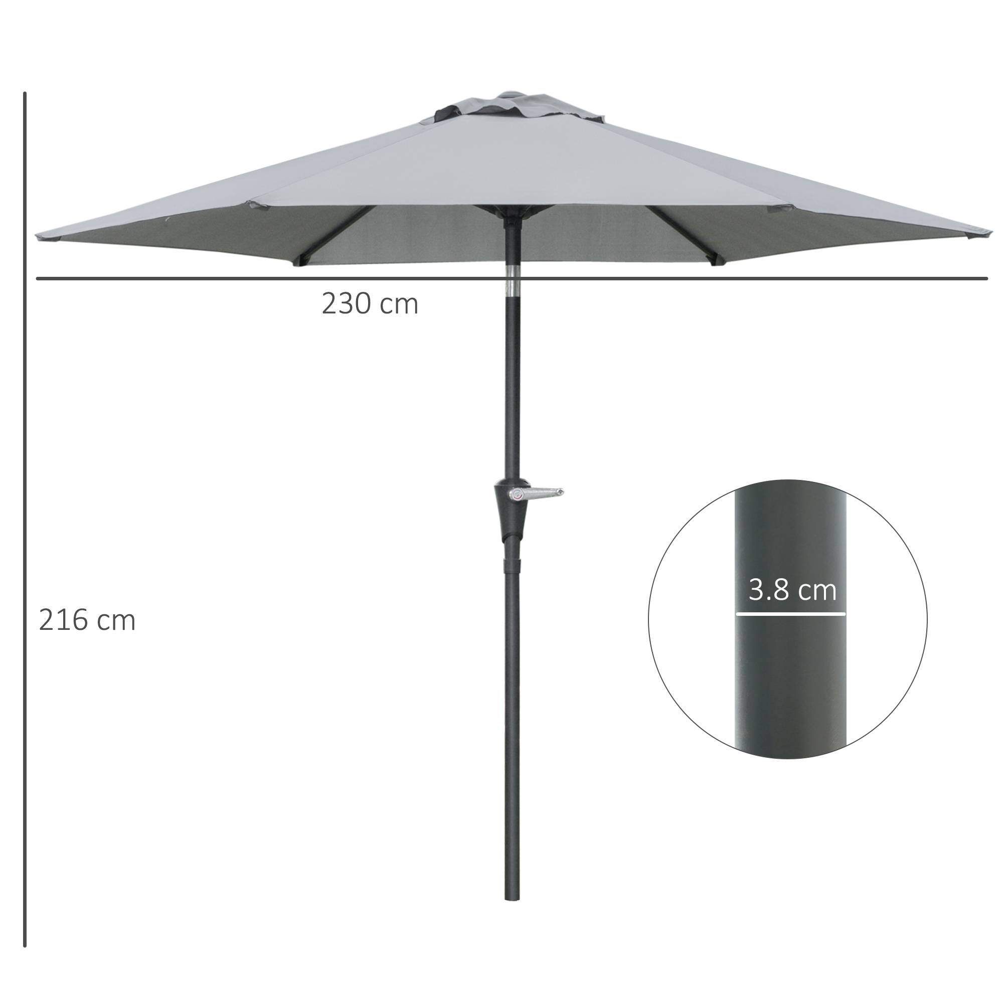 ComfortXL - Parasol inclinable extérieur métal pour jardin et patio ouverture manivelle Ø230 cm gris - ComfortXL Outdoor Living - Image 5