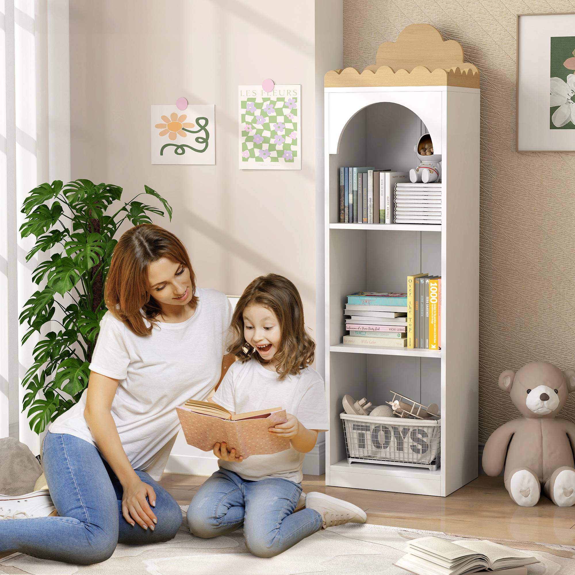 Bibliothèque enfant à 3 niveaux, idéale pour la chambre d'enfant, blanche et naturelle. - Image 3