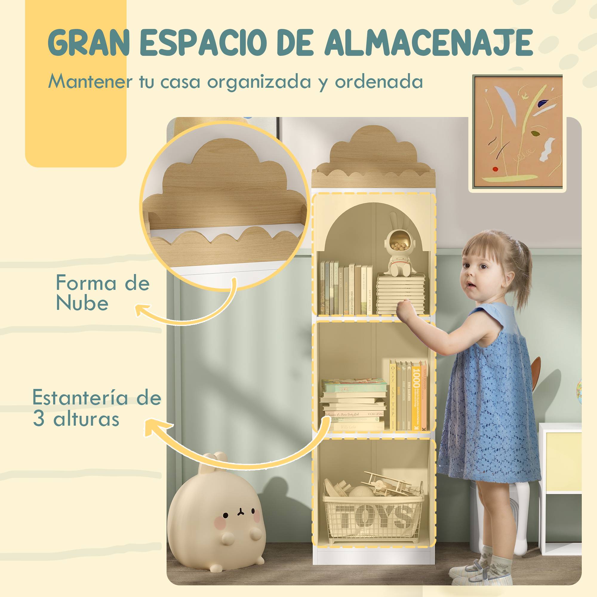 Bibliothèque enfant à 3 niveaux, idéale pour la chambre d'enfant, blanche et naturelle. - Image 7