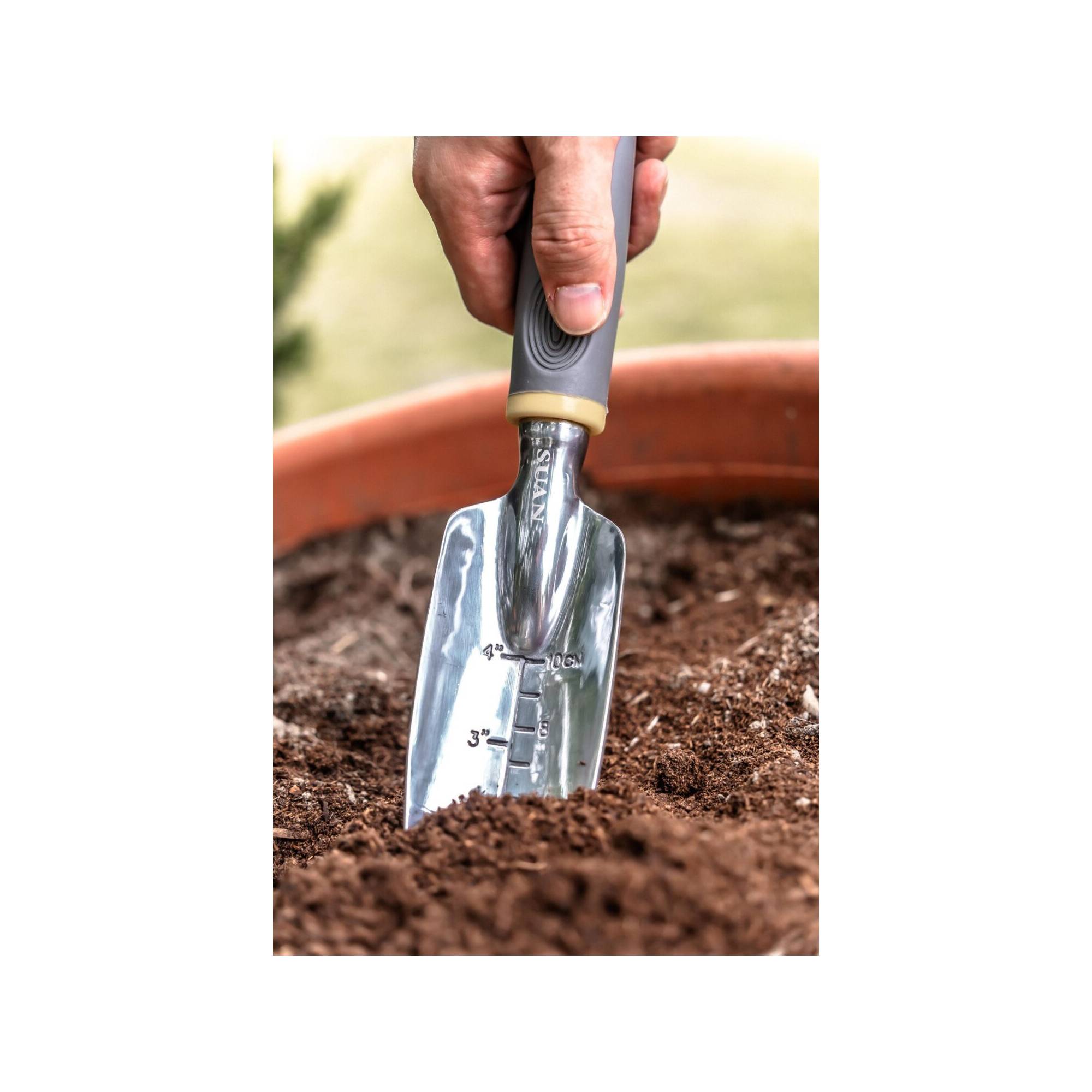 Lot de 3 outils de jardin - Suan - Fourche, râteau à fleurs et transplantoir - En aluminium - Image 2