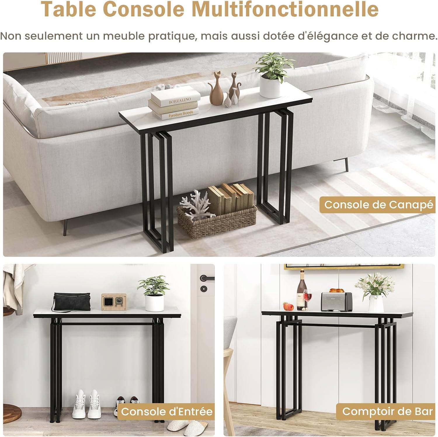 Table Console Marbre à 2 Niveaux Scandinave, Meuble D'Entrée Doré Cadre En Métal, Console Meuble Entree Dore Cadre En Metal Console Meuble Pour Entree Salon Chambre Noir Blanc Marbre 97076632