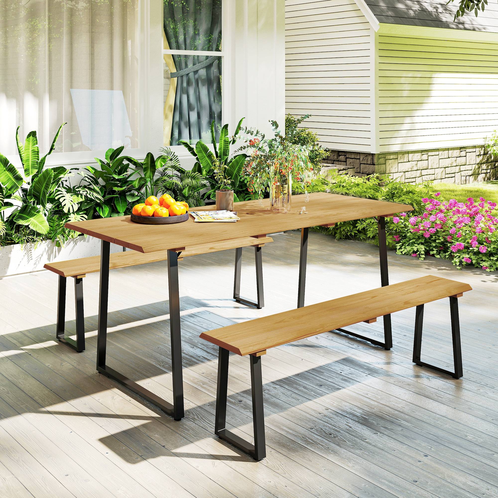 Salon de jardin bois et acier naturel 178 x 76 x 77 cm - PANGIVO - Image 4