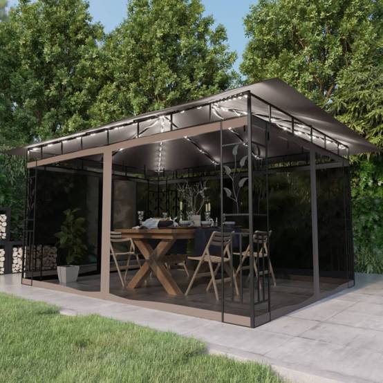 Tonnelle Aluminium Taupe avec Moustiquaire et LED 4 x 3 x 2.73 m - PANGIVO - Image 1