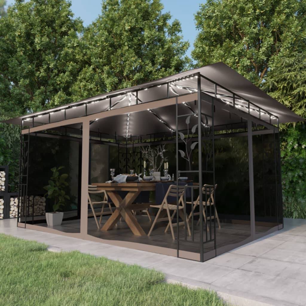 Tonnelle Aluminium Taupe avec Moustiquaire et LED 4 x 3 x 2.73 m - PANGIVO