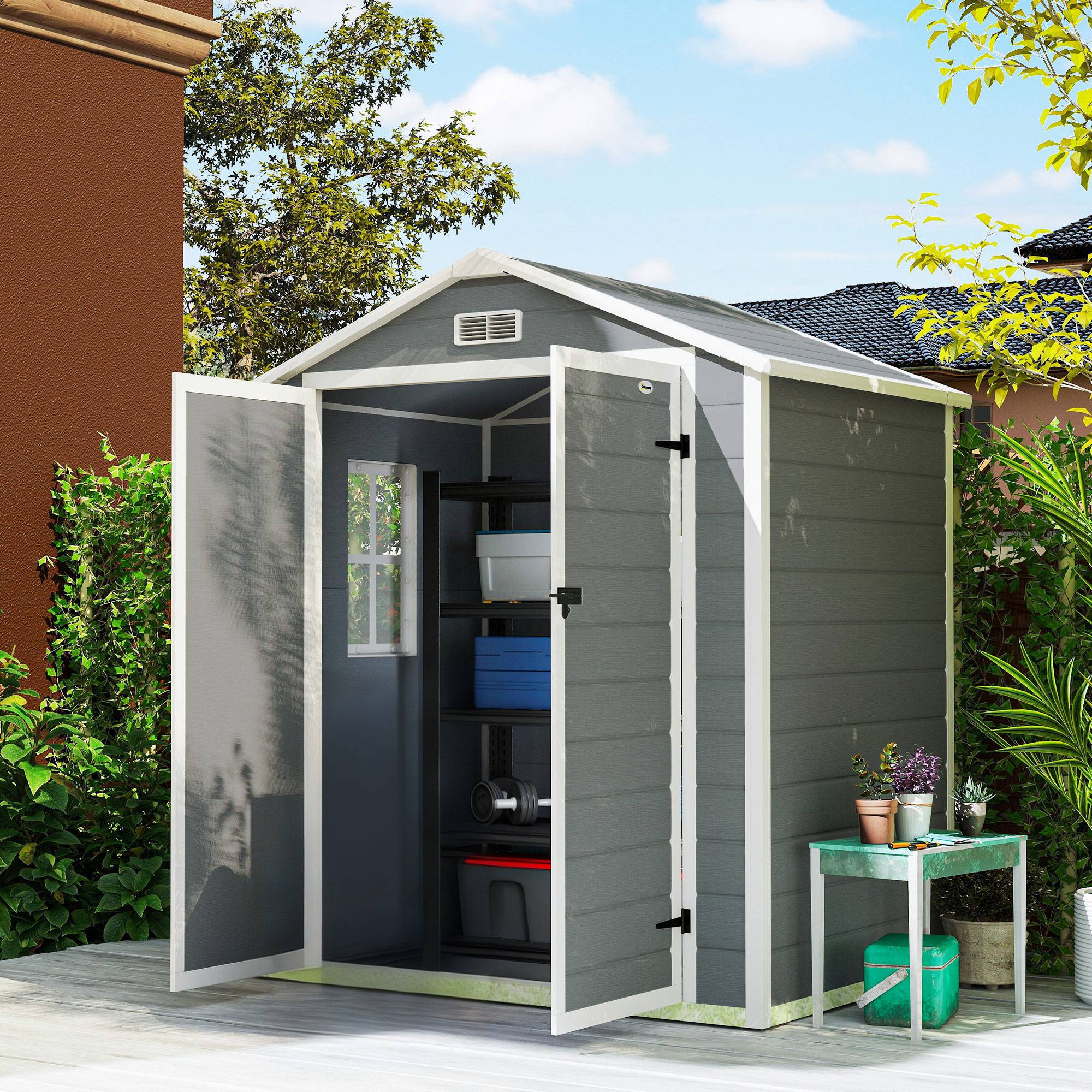 Outsunny - Abri de jardin cabanon en résine PP 2,12 m² 2 portes fenêtre aération - PP - gris - Outsunny - Image 2