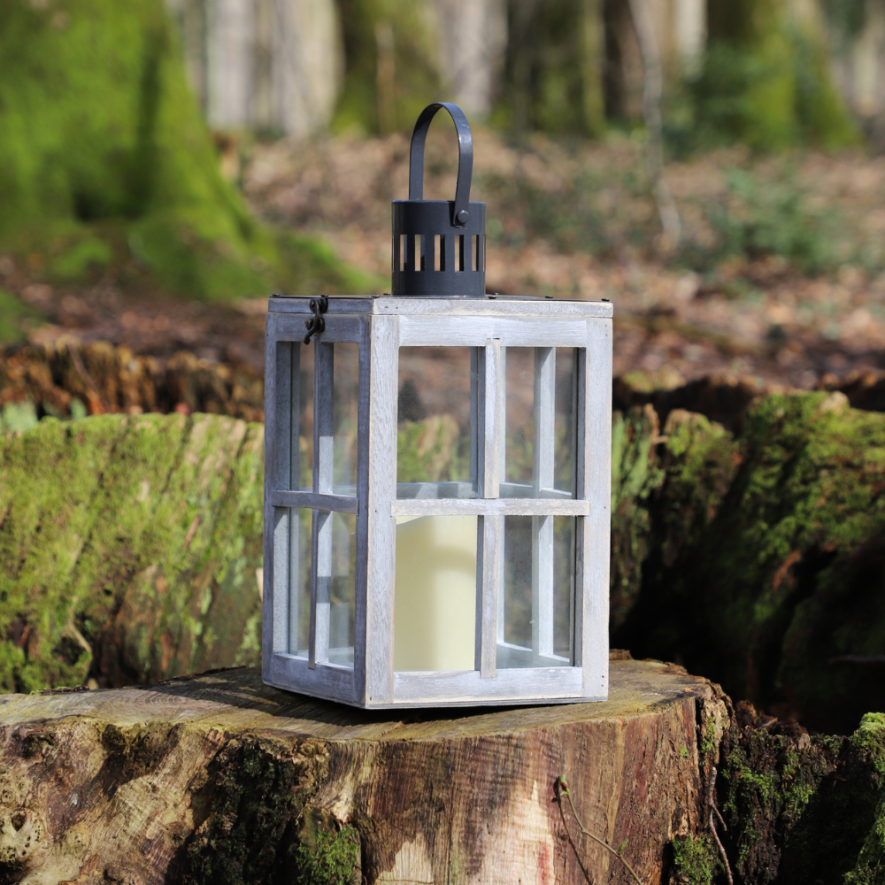 Lanterne jardin extérieur à poser bougie ancienne bois verre gris 38cm Chemin de campagne - Imagen 3