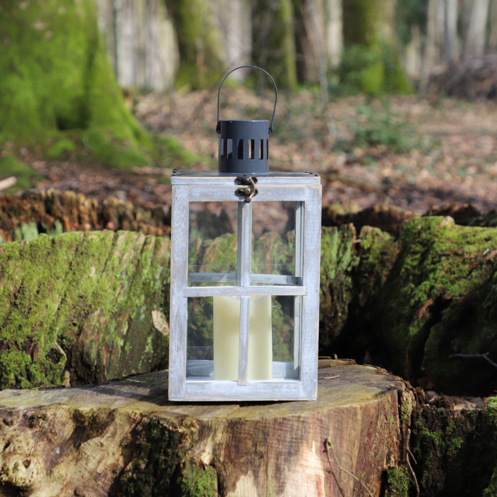 Lanterne jardin extérieur à poser bougie ancienne bois verre gris 38cm Chemin de campagne - Imagen 2